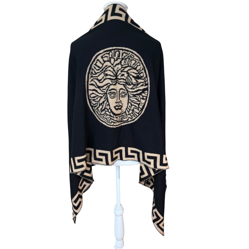 Medusa Head Greek Key Reversible Knit Shawl Wrap Black Tan Oversized Scarf